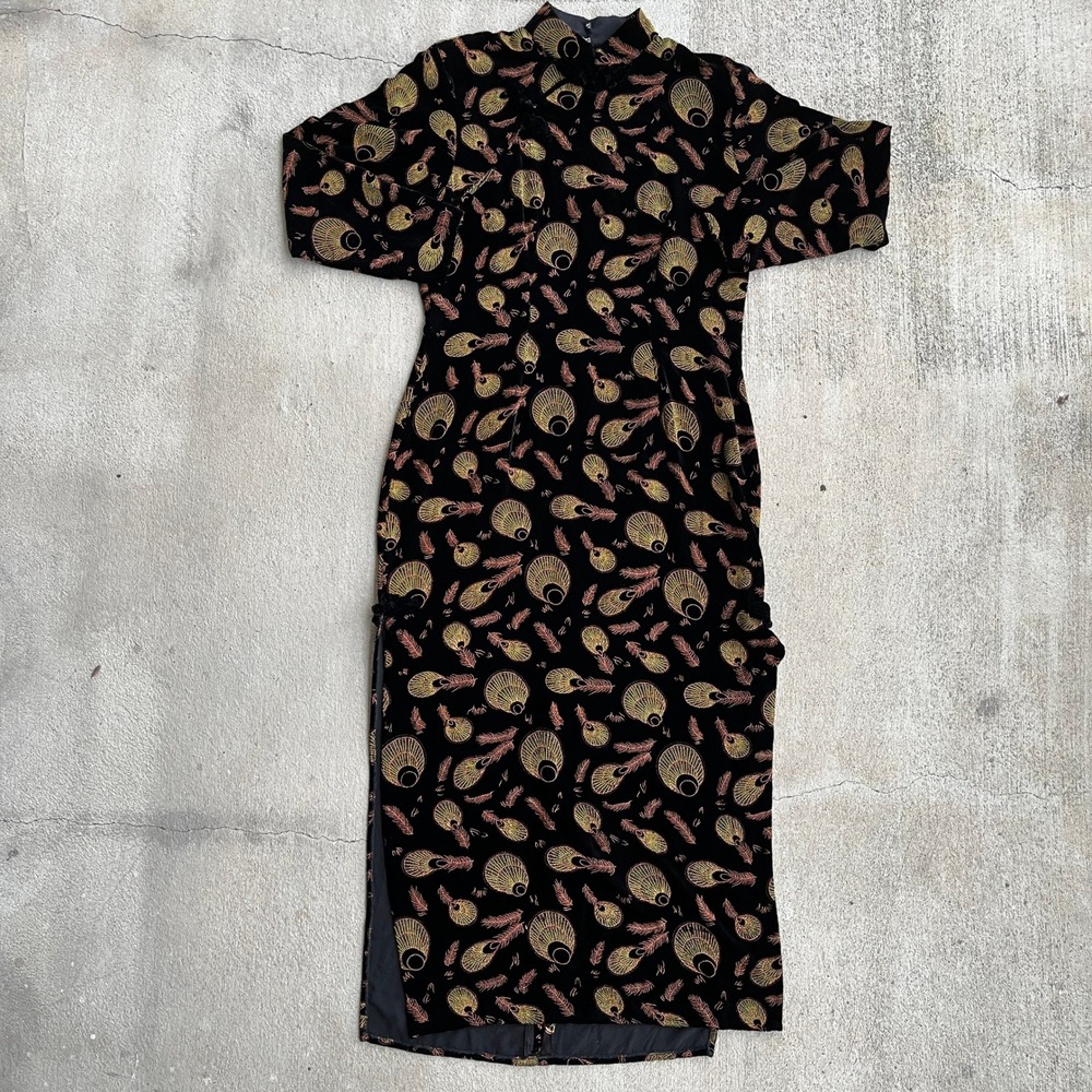 Vintage Black Velvet Cheongsam‎ Dress Peacock Feather Brocade